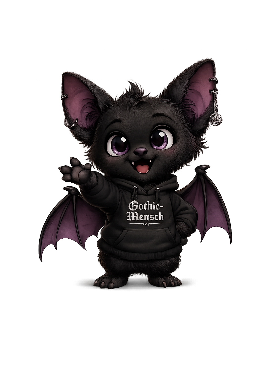 Morty Blackwing, das Gothic-Mensch Maskottchen, eine kleine schwarze Fledermaus mit lila Ohren im schwarzen Hoodie